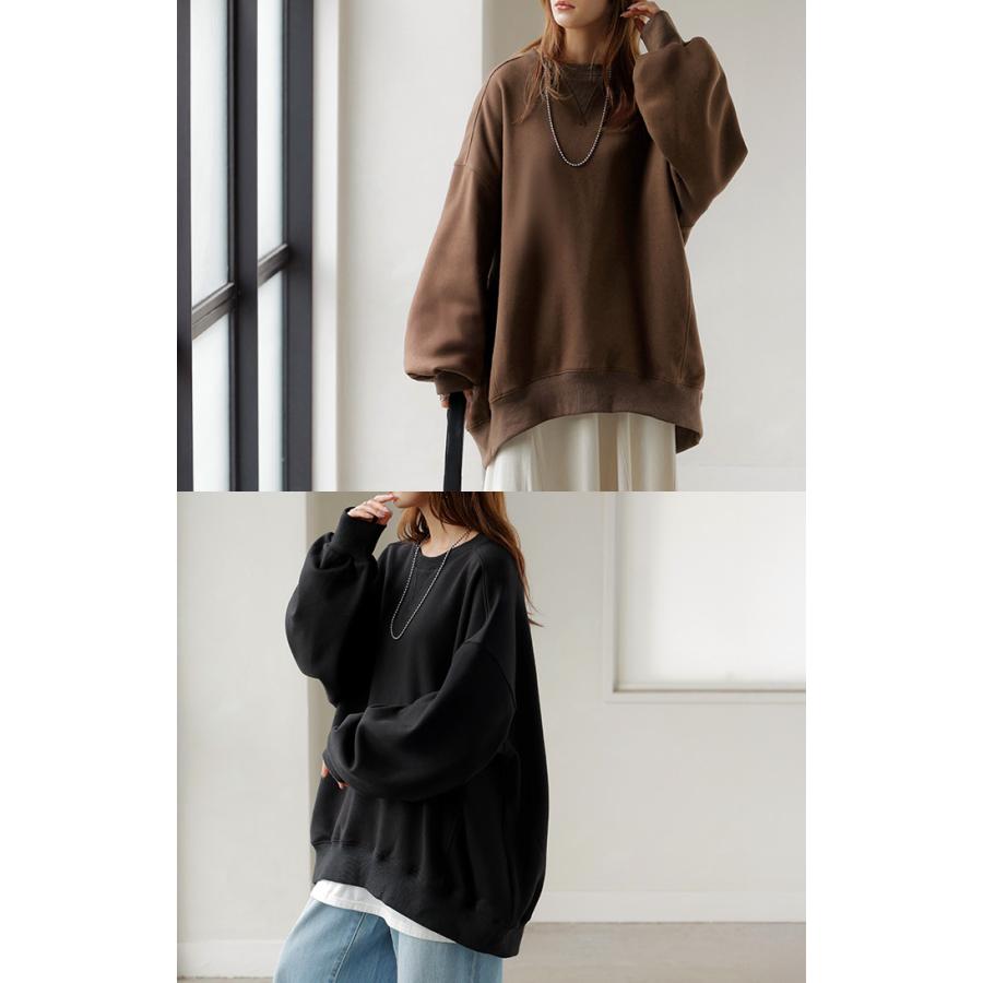 スウェット 特暖 裏シャギー レディース トップス ロング トレーナー プルオーバー 裏起毛 無地 長袖 長い クルーネック ボリュームスリーブ | HUG.U | 07