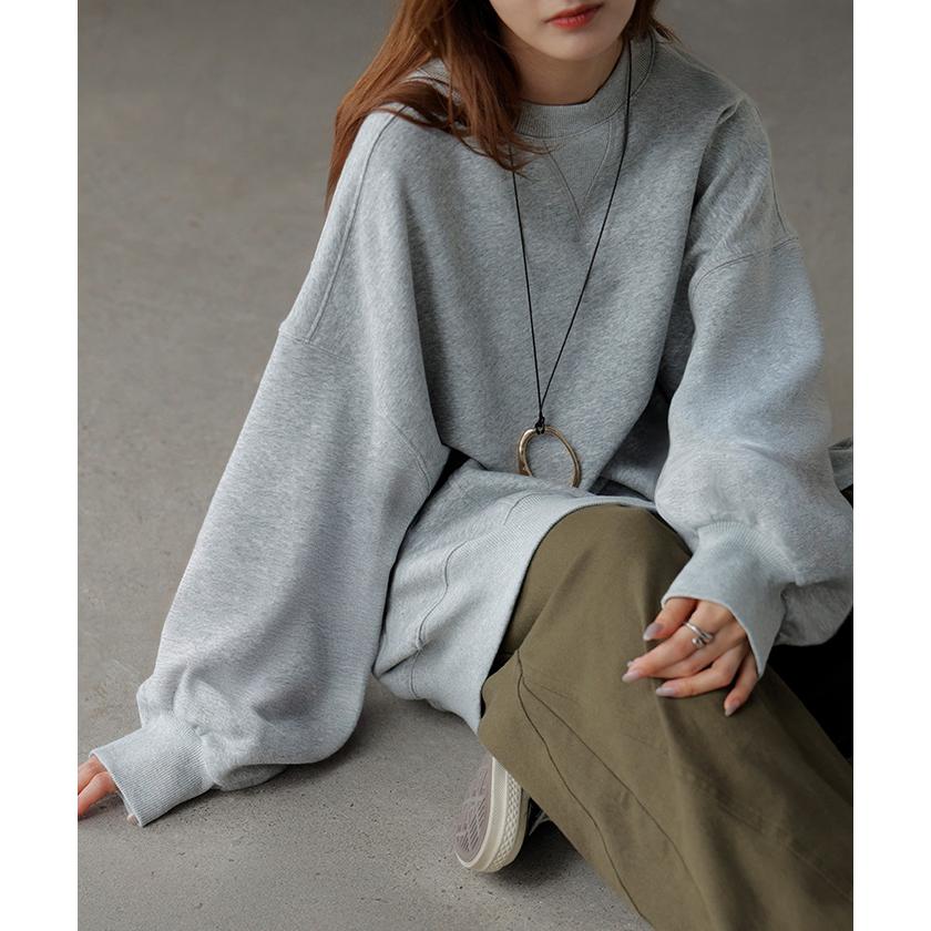 スウェット 特暖 裏シャギー レディース トップス ロング トレーナー プルオーバー 裏起毛 無地 長袖 長い クルーネック ボリュームスリーブ | HUG.U | 09