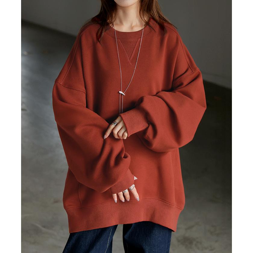 スウェット 特暖 裏シャギー レディース トップス ロング トレーナー プルオーバー 裏起毛 無地 長袖 長い クルーネック ボリュームスリーブ | HUG.U | 11