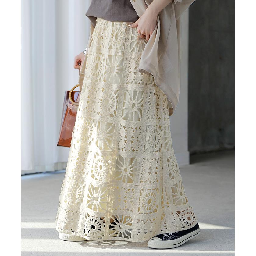 スカート ロング 透かし編み レディース ロングスカート Aライン クロシェ編み 綿100 ボトムス ボトム フレア フレアスカート マキシスカート ウエストゴム | HUG.U | 06