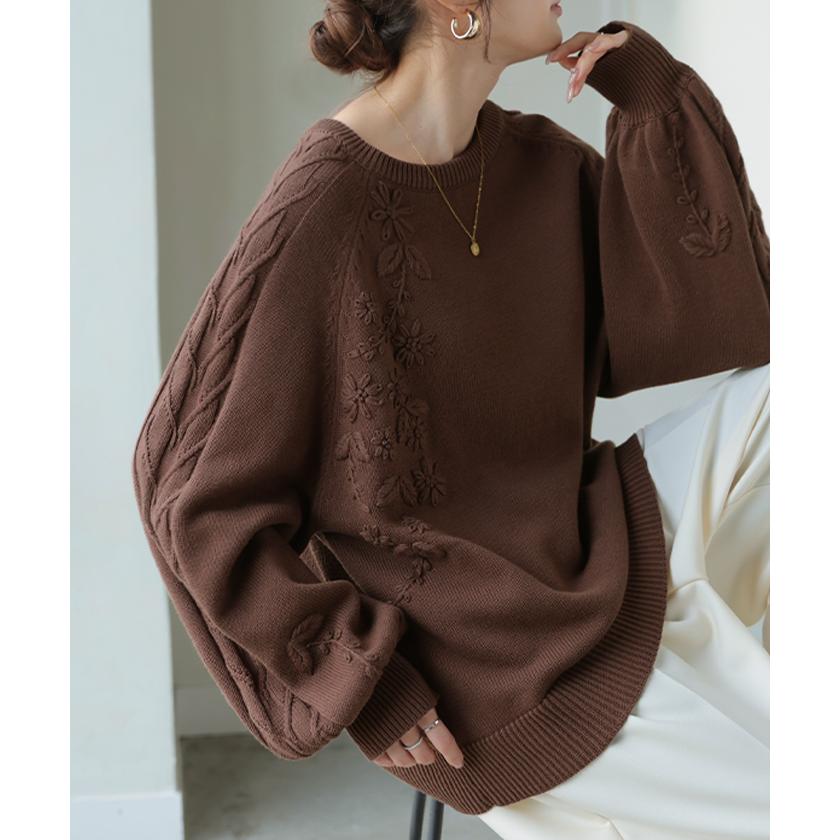 ニット 刺繍 綿100 ハンドメイド ロング レディース トップス セーター オーバー プルオーバー 花柄 チクチクしない ケーブル 長袖 長い ボリュームスリーブ | HUG.U | 07