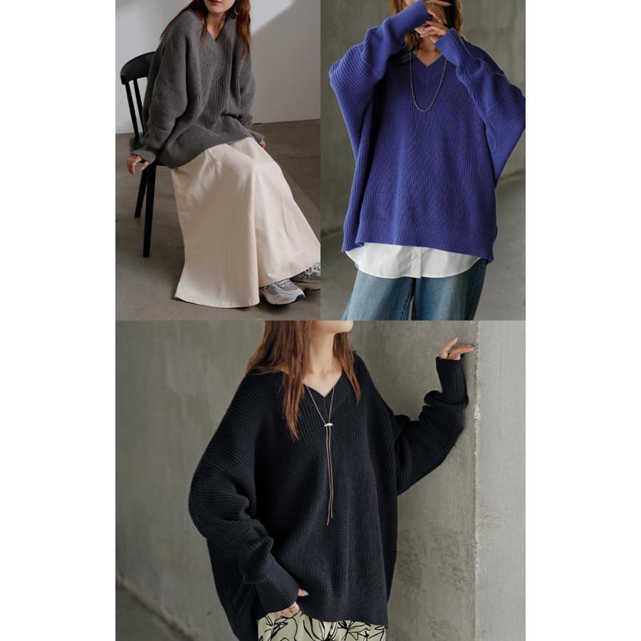 ニット ロング レディース トップス セーター オーバー プルオーバー 長袖 長い ボリュームスリーブ Vネック リブ 編み チュニック ドルマン 綿100％ | HUG.U | 22