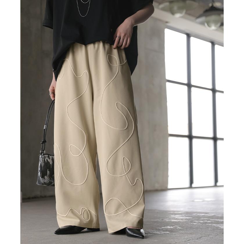 パンツ 刺繍 ワイド レディース ボトムス コード刺〓 ロング ロングパンツ ズボン 総ゴム ウエストゴム ポケット ハイウエスト ギャザー 総柄 イージーパンツ | HUG.U | 04