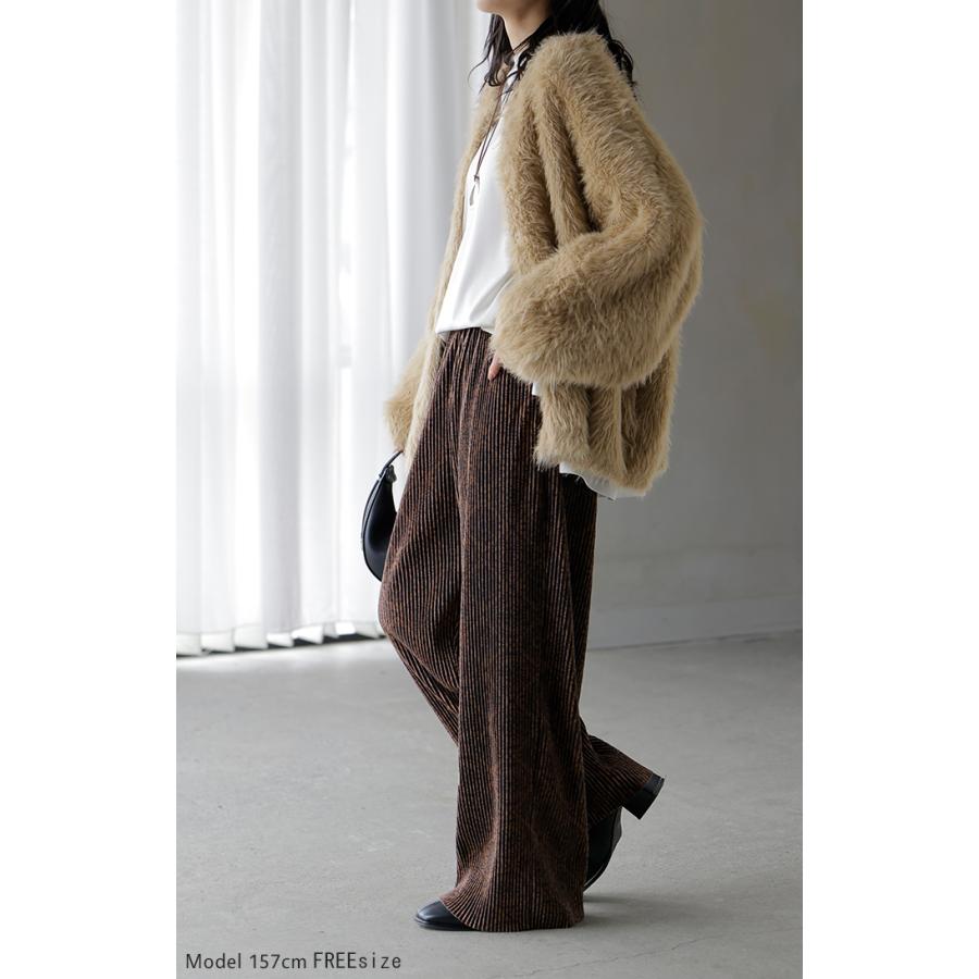 パンツ ワイド 切れる 総柄 スエードライク レディース ワイドパンツ ロング ロングパンツ ボトムス ボトム 柄 微起毛 プリーツ ストレート ズボン イージーケア | HUG.U | 17