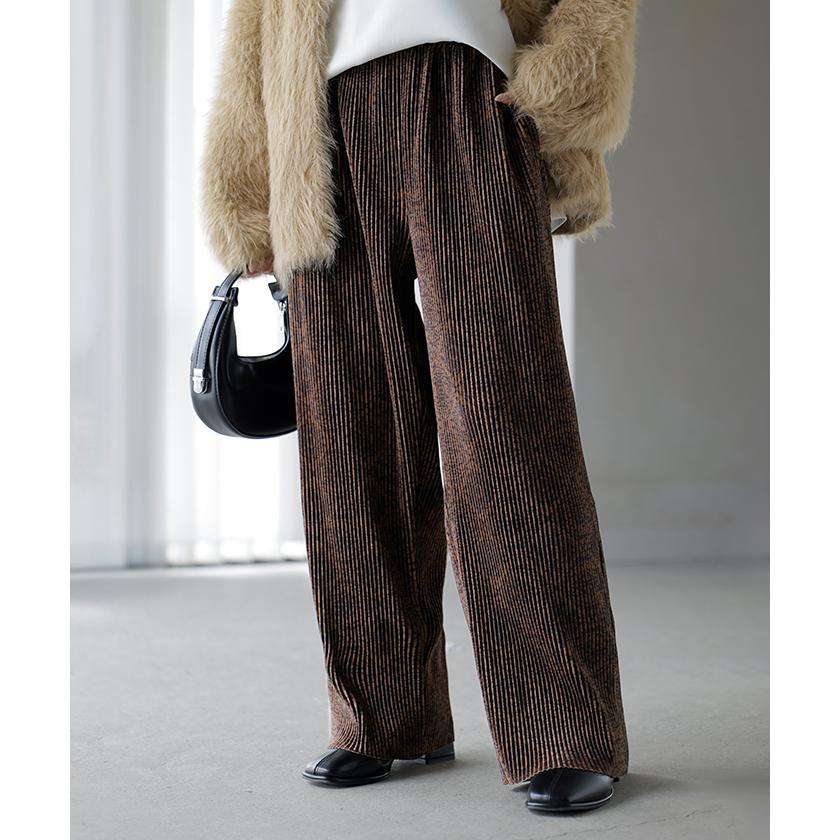 パンツ ワイド 切れる 総柄 スエードライク レディース ワイドパンツ ロング ロングパンツ ボトムス ボトム 柄 微起毛 プリーツ ストレート ズボン イージーケア | HUG.U | 07