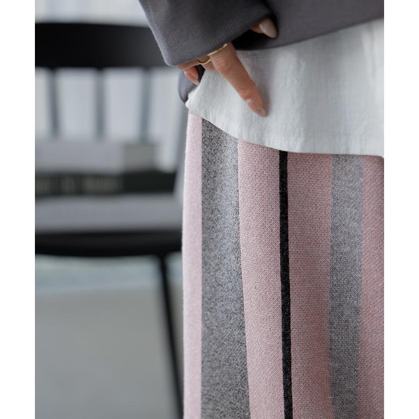 パンツ ストライプ ニット ワイド レディース ニットパンツ ダブルジャガード ワイドパンツ ロング ロングパンツ 長い 体型カバー 総柄 ボトムス | HUG.U | 18