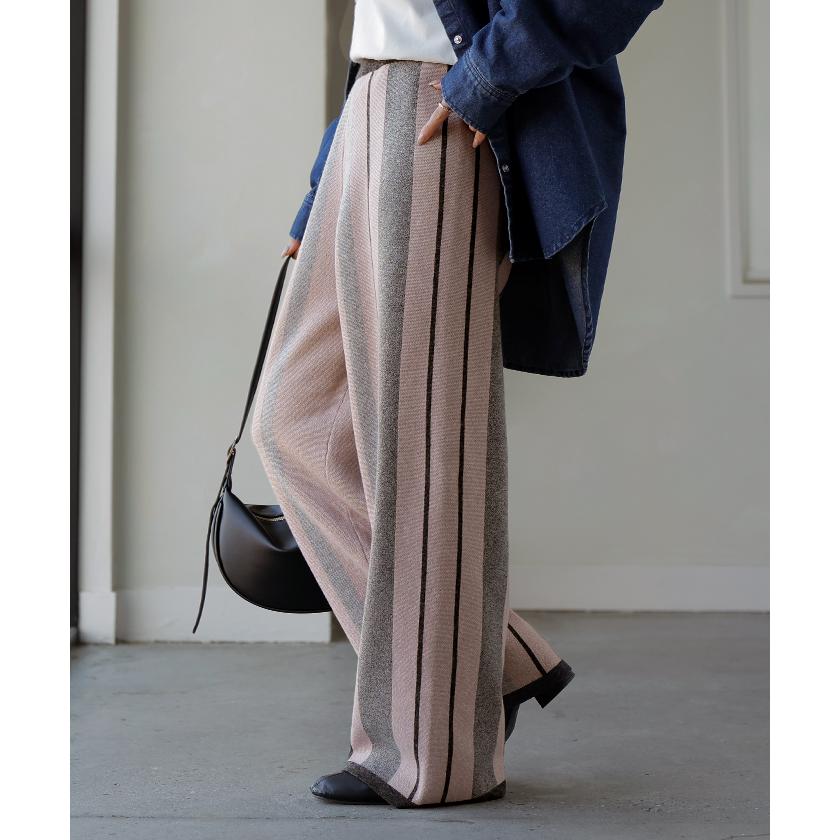 パンツ ストライプ ニット ワイド レディース ニットパンツ ダブルジャガード ワイドパンツ ロング ロングパンツ 長い 体型カバー 総柄 ボトムス | HUG.U | 06