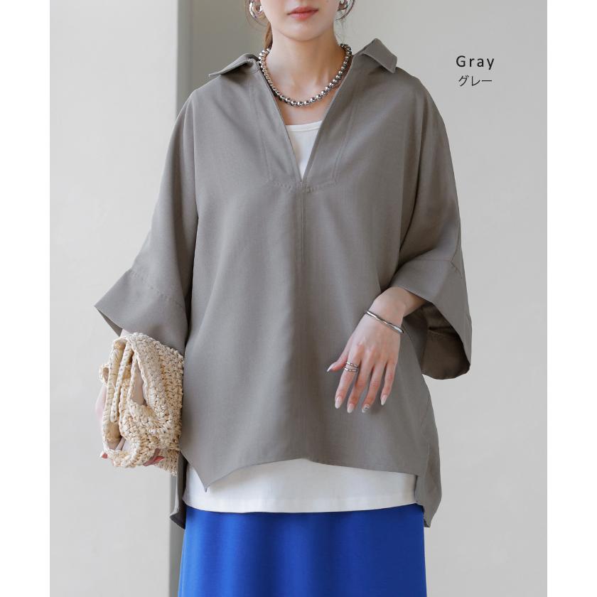 シャツ 約30分で乾く 洗える スキッパーシャツ レディース トップス 半袖 Vネック リネン風 リネンタッチ マシンウォッシャブル UVカット | HUG.U | 20