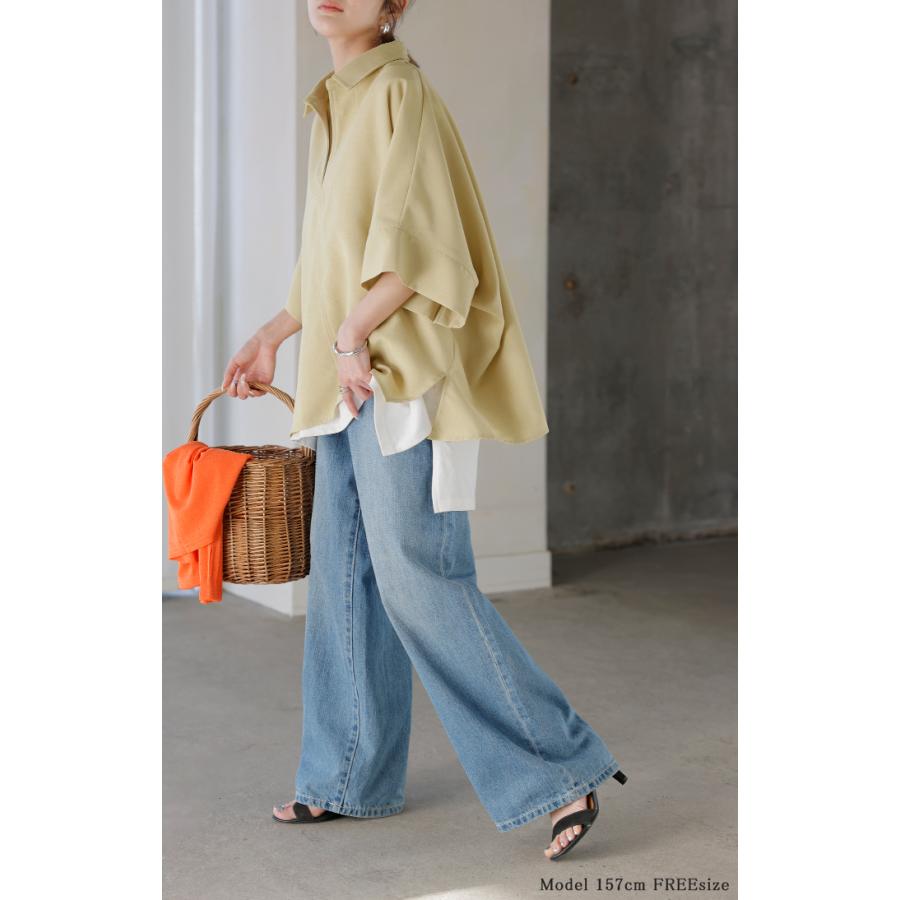 シャツ 約30分で乾く 洗える スキッパーシャツ レディース トップス 半袖 Vネック リネン風 リネンタッチ マシンウォッシャブル UVカット | HUG.U | 22