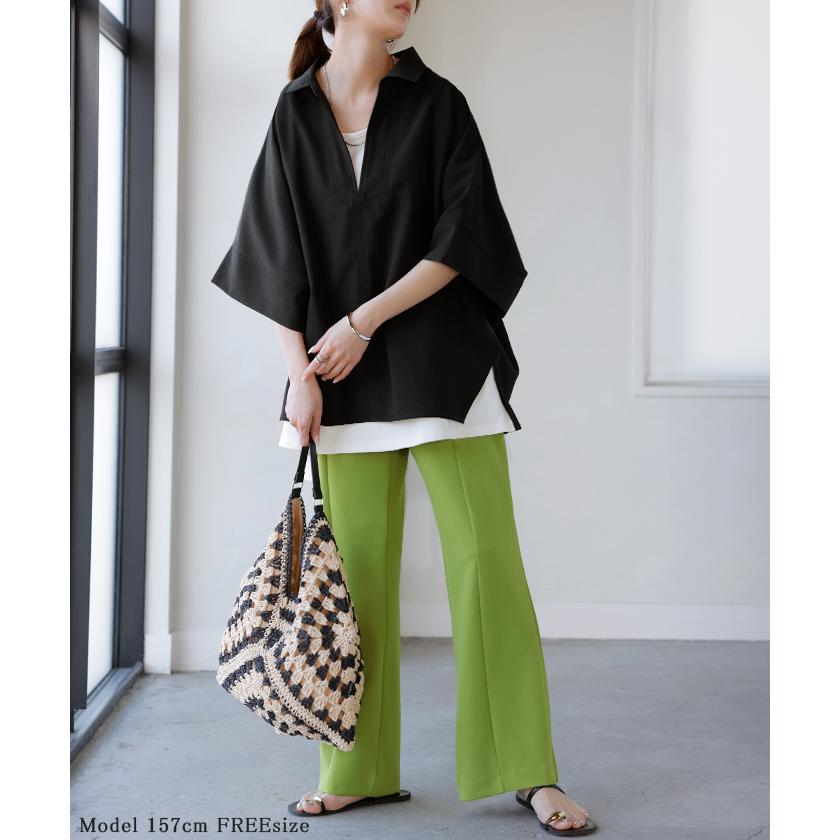 シャツ 約30分で乾く 洗える スキッパーシャツ レディース トップス 半袖 Vネック リネン風 リネンタッチ マシンウォッシャブル UVカット | HUG.U | 06