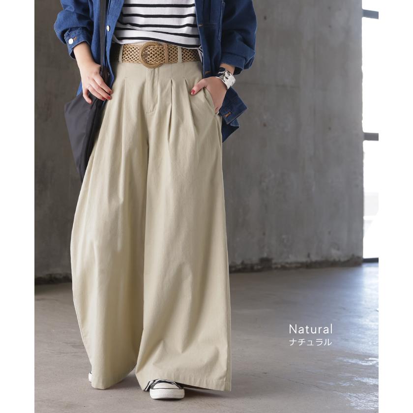 パンツ ワイドパンツ 綿麻 レディース ボトムス タックパンツ コットン リネン 綿 麻 ワイド ガウチョパンツ ストレート ロングパンツ ハイウエスト 体型カバー | HUG.U | 12