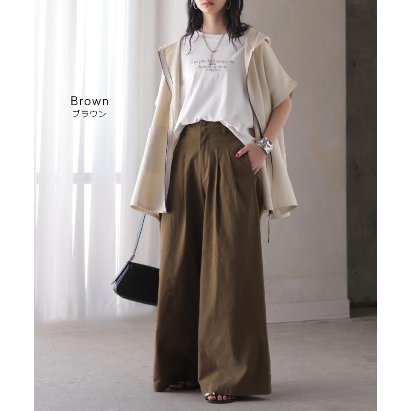 パンツ ワイドパンツ 綿麻 レディース ボトムス タックパンツ コットン リネン 綿 麻 ワイド ガウチョパンツ ストレート ロングパンツ ハイウエスト 体型カバー | HUG.U | 13