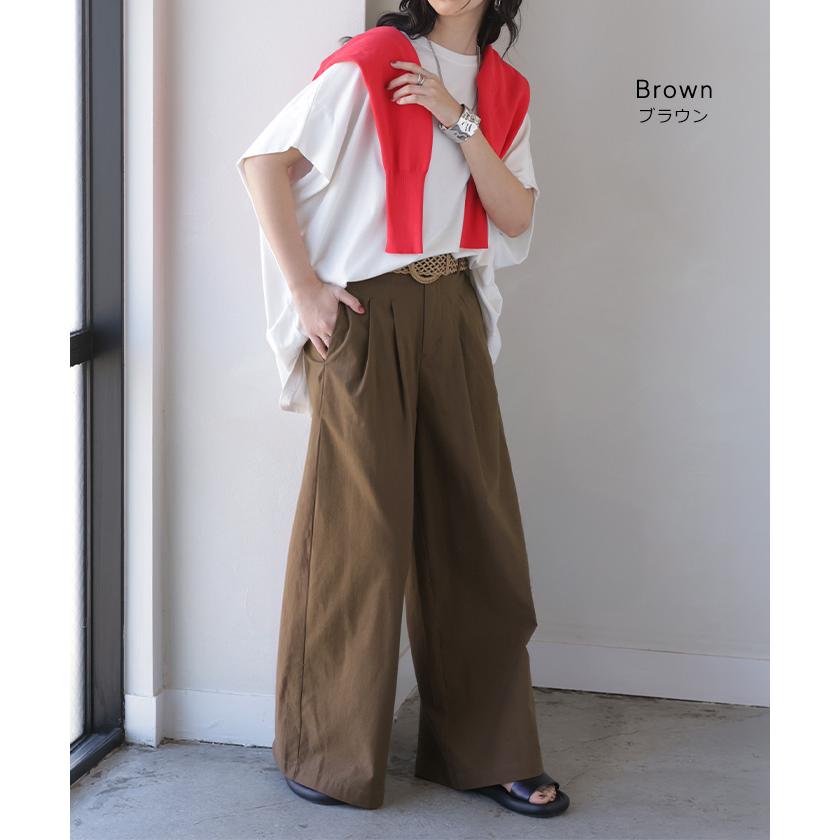 パンツ ワイドパンツ 綿麻 レディース ボトムス タックパンツ コットン リネン 綿 麻 ワイド ガウチョパンツ ストレート ロングパンツ ハイウエスト 体型カバー | HUG.U | 13