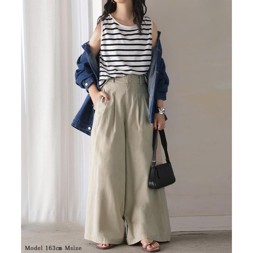 パンツ ワイドパンツ 綿麻 レディース ボトムス タックパンツ コットン リネン 綿 麻 ワイド ガウチョパンツ ストレート ロングパンツ ハイウエスト 体型カバー | HUG.U | 05