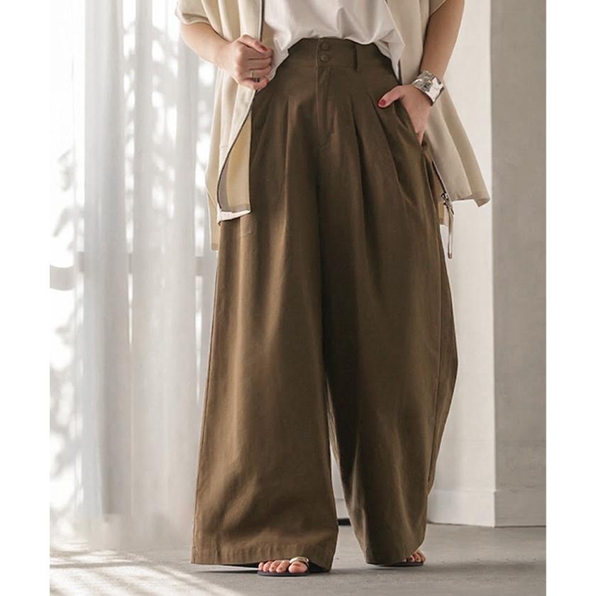 パンツ ワイドパンツ 綿麻 レディース ボトムス タックパンツ コットン リネン 綿 麻 ワイド ガウチョパンツ ストレート ロングパンツ ハイウエスト 体型カバー | HUG.U | 06