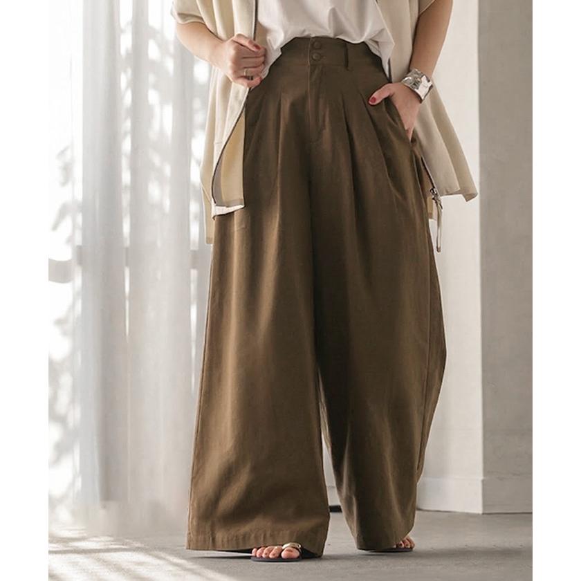 パンツ ワイドパンツ 綿麻 レディース ボトムス タックパンツ コットン リネン 綿 麻 ワイド ガウチョパンツ ストレート ロングパンツ ハイウエスト 体型カバー | HUG.U | 06