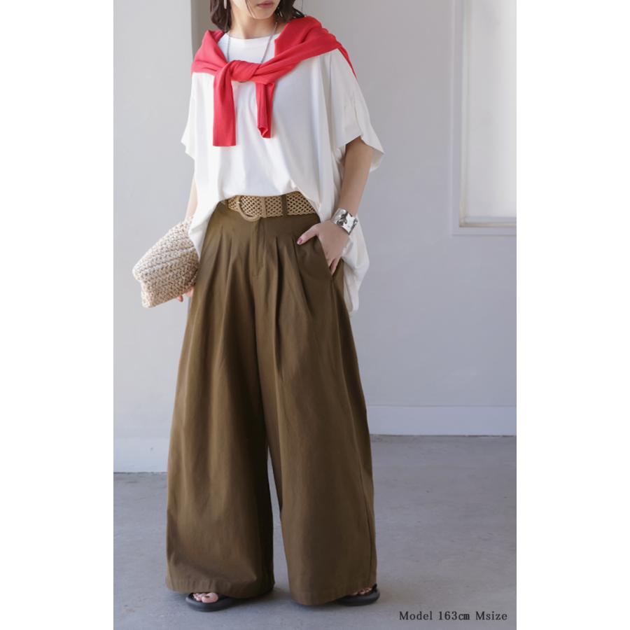 パンツ ワイドパンツ 綿麻 レディース ボトムス タックパンツ コットン リネン 綿 麻 ワイド ガウチョパンツ ストレート ロングパンツ ハイウエスト 体型カバー | HUG.U | 07