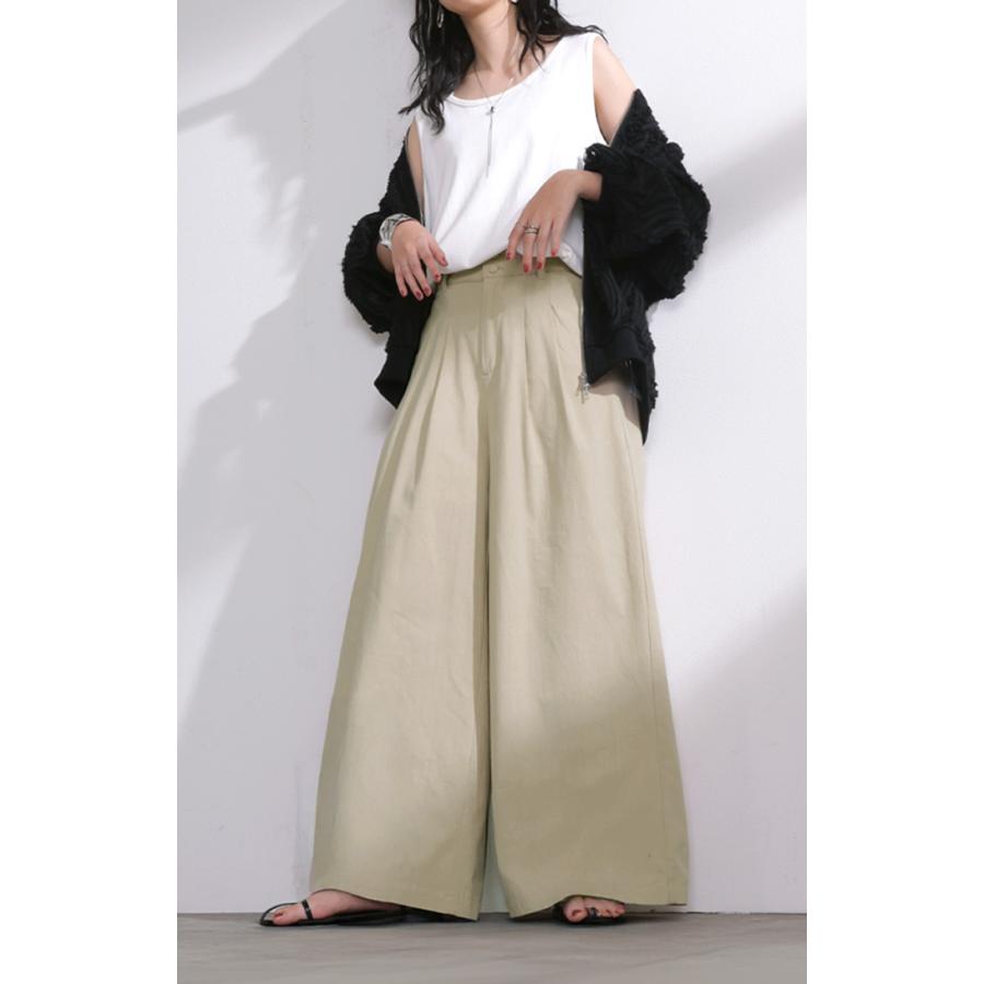 パンツ ワイドパンツ 綿麻 レディース ボトムス タックパンツ コットン リネン 綿 麻 ワイド ガウチョパンツ ストレート ロングパンツ ハイウエスト 体型カバー | HUG.U | 07