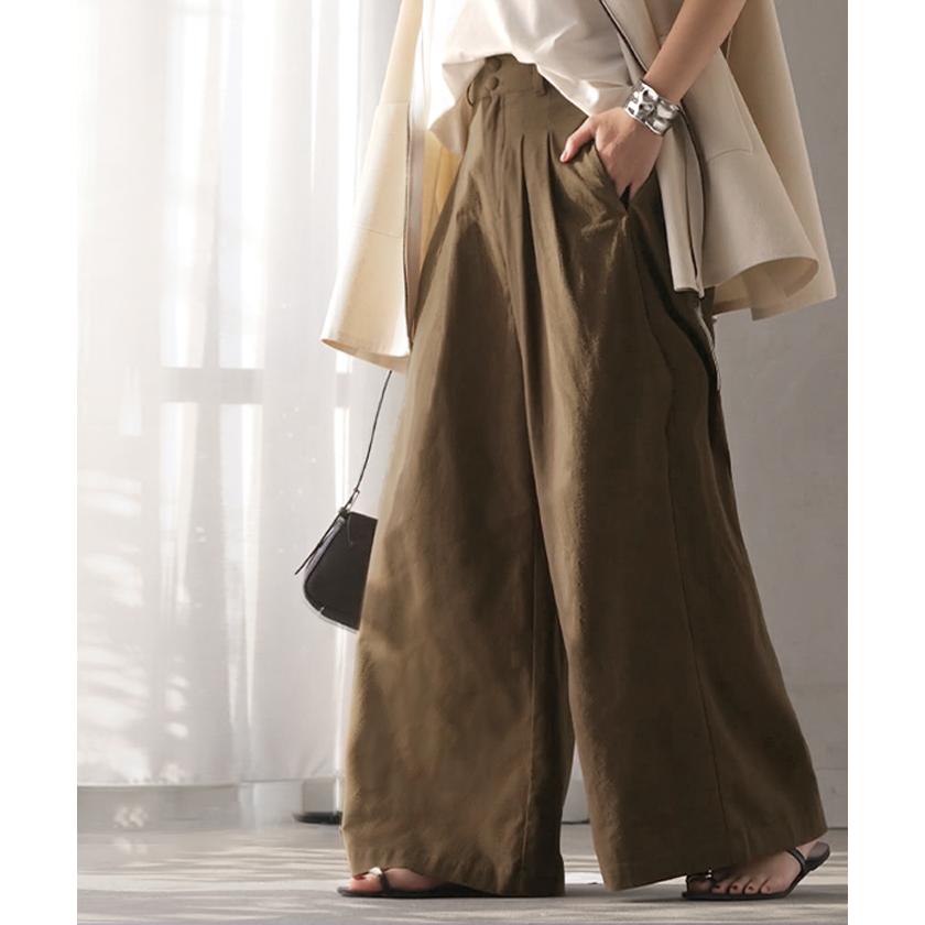 パンツ ワイドパンツ 綿麻 レディース ボトムス タックパンツ コットン リネン 綿 麻 ワイド ガウチョパンツ ストレート ロングパンツ ハイウエスト 体型カバー | HUG.U | 09