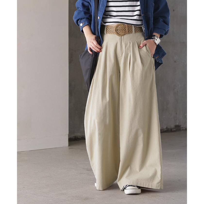 パンツ ワイドパンツ 綿麻 レディース ボトムス タックパンツ コットン リネン 綿 麻 ワイド ガウチョパンツ ストレート ロングパンツ ハイウエスト 体型カバー | HUG.U | 09