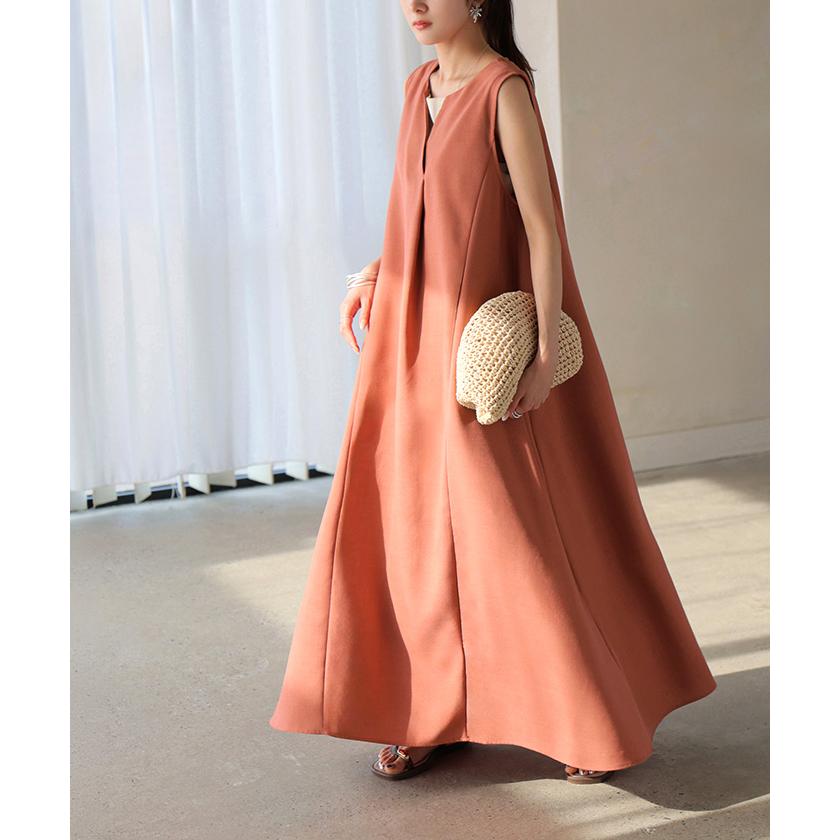 ワンピース 約30分で乾く 洗える ロング ロングワンピース レディース ワンピ ノースリーブ タンクトップ Vネック リネン風 リネンタッチ マシンウォッシャブル | HUG.U | 09