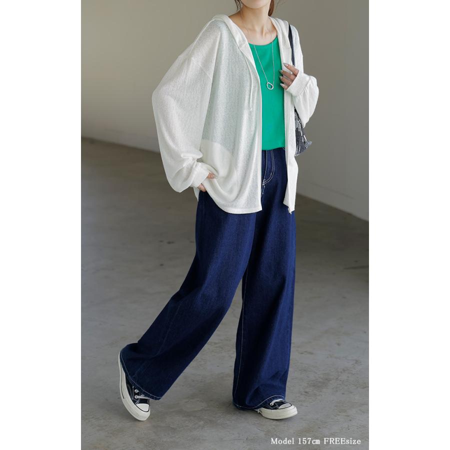 パーカー 薄手 カーディガン レディース ロング 長袖 UVカット フーディー ライトアウター 羽織 トップス シアー 透け サマーニット リブ ニット 紫外線対策 | HUG.U | 20