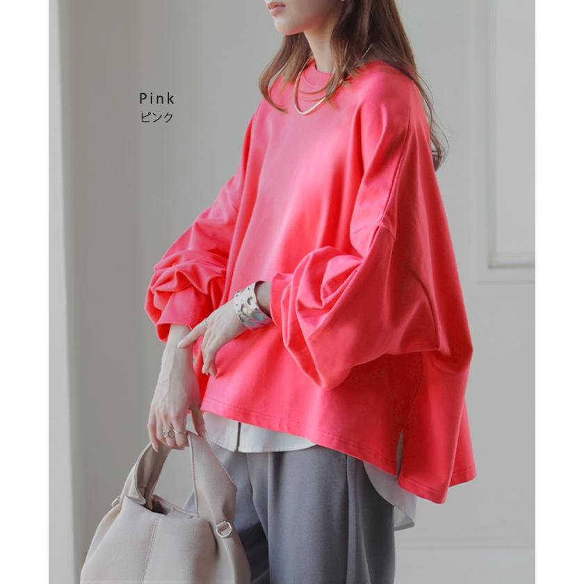 プルオーバー Tシャツ以上スウェット未満 ロンT スウェット レディース トップス 綿100% Tシャツ 長袖 トレーナー リブ ボリューム袖 カットソー 体型カバー | HUG.U | 16