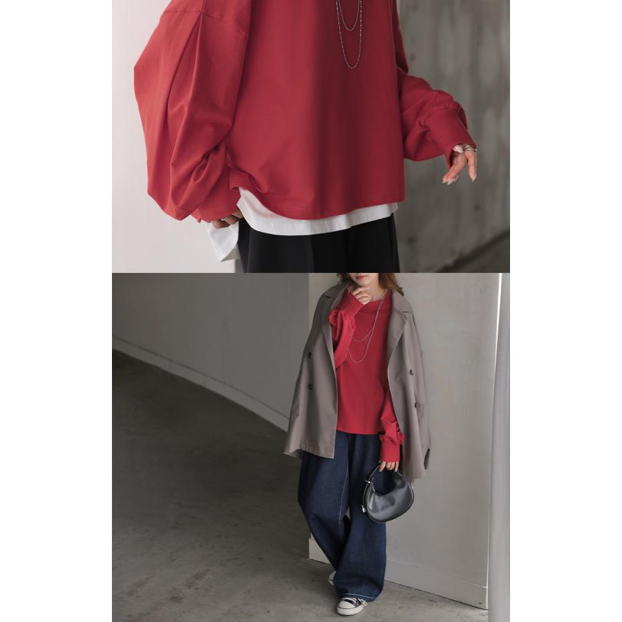 プルオーバー Tシャツ以上スウェット未満 ロンT スウェット レディース トップス 綿100% Tシャツ 長袖 トレーナー リブ ボリューム袖 カットソー 体型カバー | HUG.U | 19