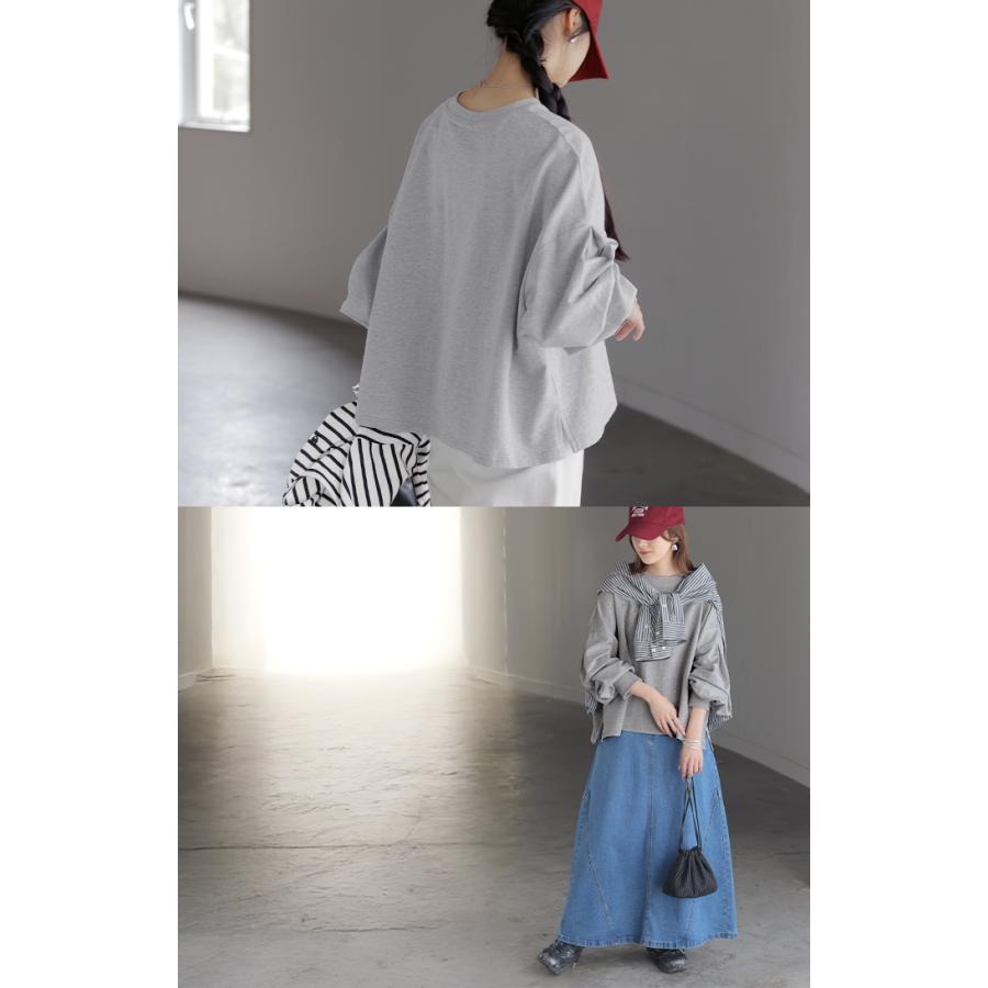 プルオーバー Tシャツ以上スウェット未満 ロンT スウェット レディース トップス 綿100% Tシャツ 長袖 トレーナー リブ ボリューム袖 カットソー 体型カバー | HUG.U | 18