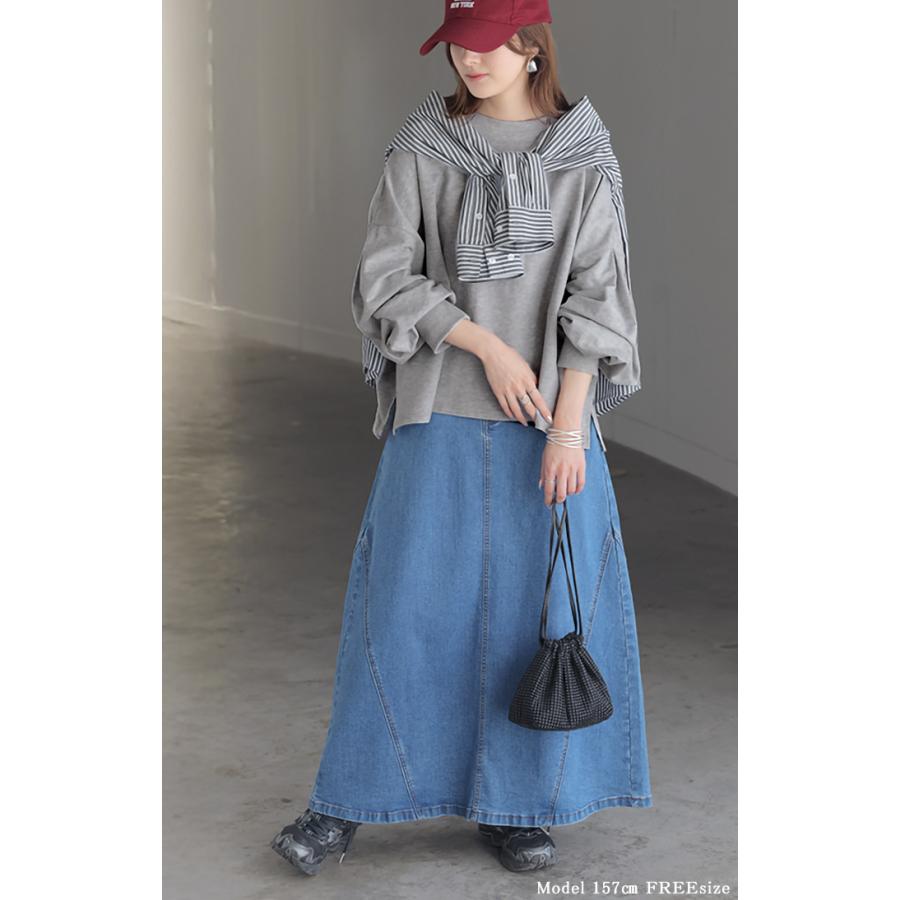 プルオーバー Tシャツ以上スウェット未満 ロンT スウェット レディース トップス 綿100% Tシャツ 長袖 トレーナー リブ ボリューム袖 カットソー 体型カバー | HUG.U | 21