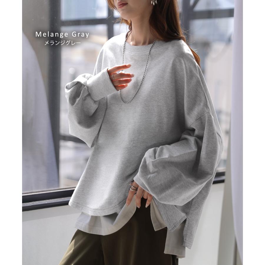 プルオーバー Tシャツ以上スウェット未満 ロンT スウェット レディース トップス 綿100% Tシャツ 長袖 トレーナー リブ ボリューム袖 カットソー 体型カバー | HUG.U | 22