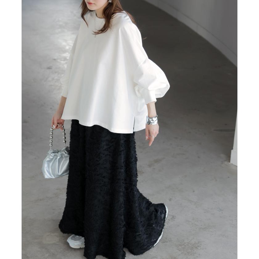 プルオーバー Tシャツ以上スウェット未満 ロンT スウェット レディース トップス 綿100% Tシャツ 長袖 トレーナー リブ ボリューム袖 カットソー 体型カバー | HUG.U | 21