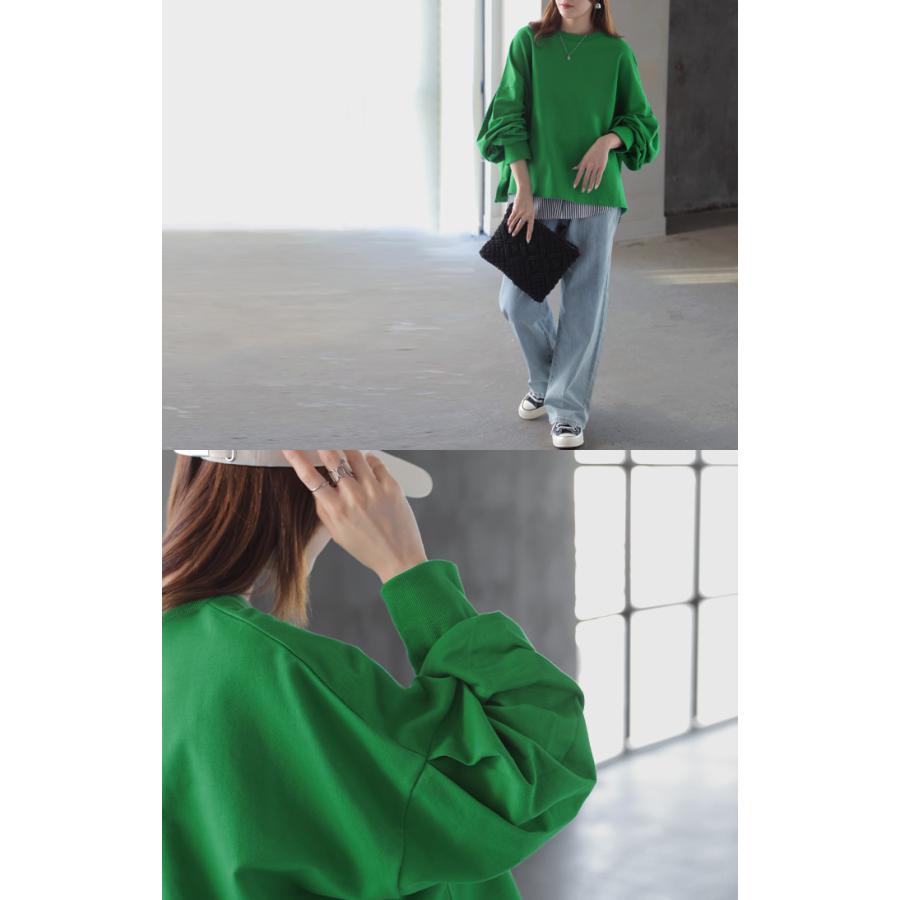 プルオーバー Tシャツ以上スウェット未満 ロンT スウェット レディース トップス 綿100% Tシャツ 長袖 トレーナー リブ ボリューム袖 カットソー 体型カバー | HUG.U | 25