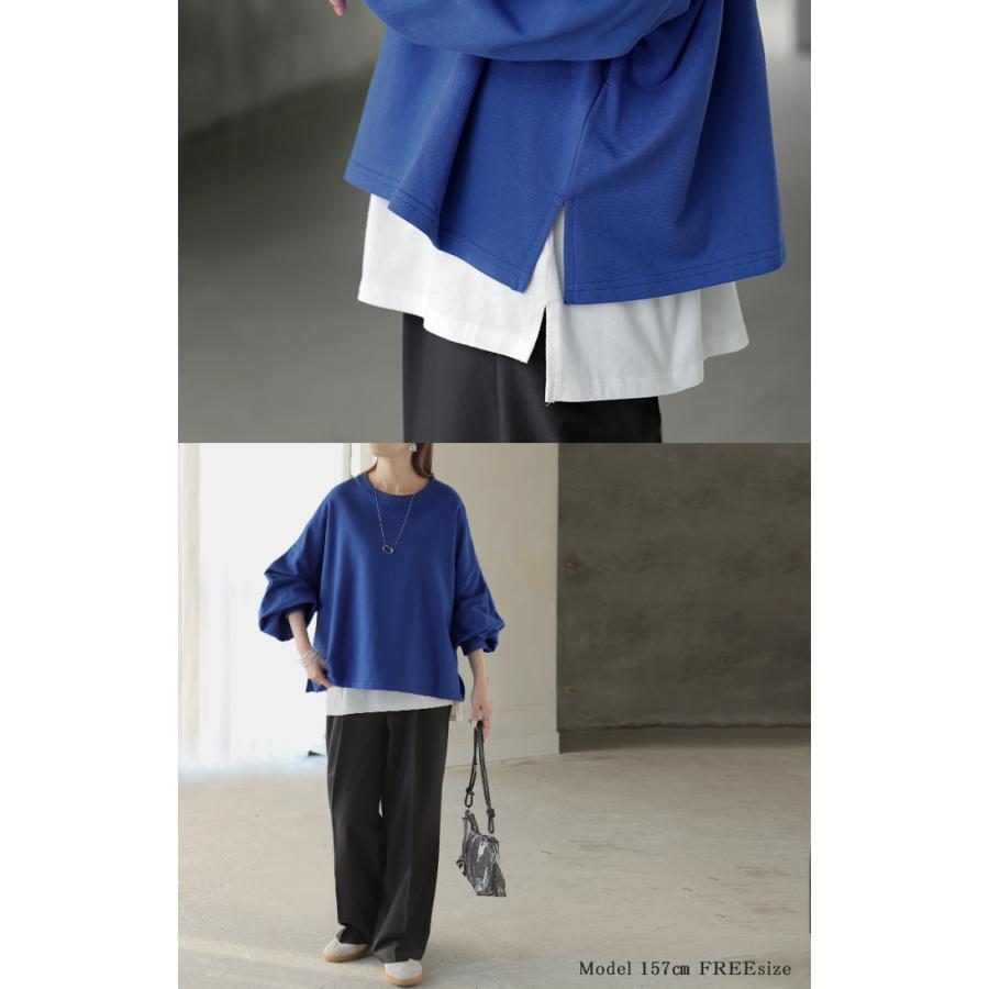 プルオーバー Tシャツ以上スウェット未満 ロンT スウェット レディース トップス 綿100% Tシャツ 長袖 トレーナー リブ ボリューム袖 カットソー 体型カバー | HUG.U | 23