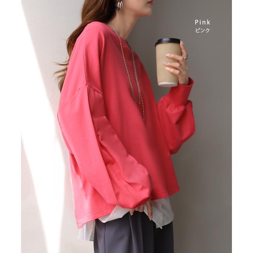 プルオーバー Tシャツ以上スウェット未満 ロンT スウェット レディース トップス 綿100% Tシャツ 長袖 トレーナー リブ ボリューム袖 カットソー 体型カバー | HUG.U | 28