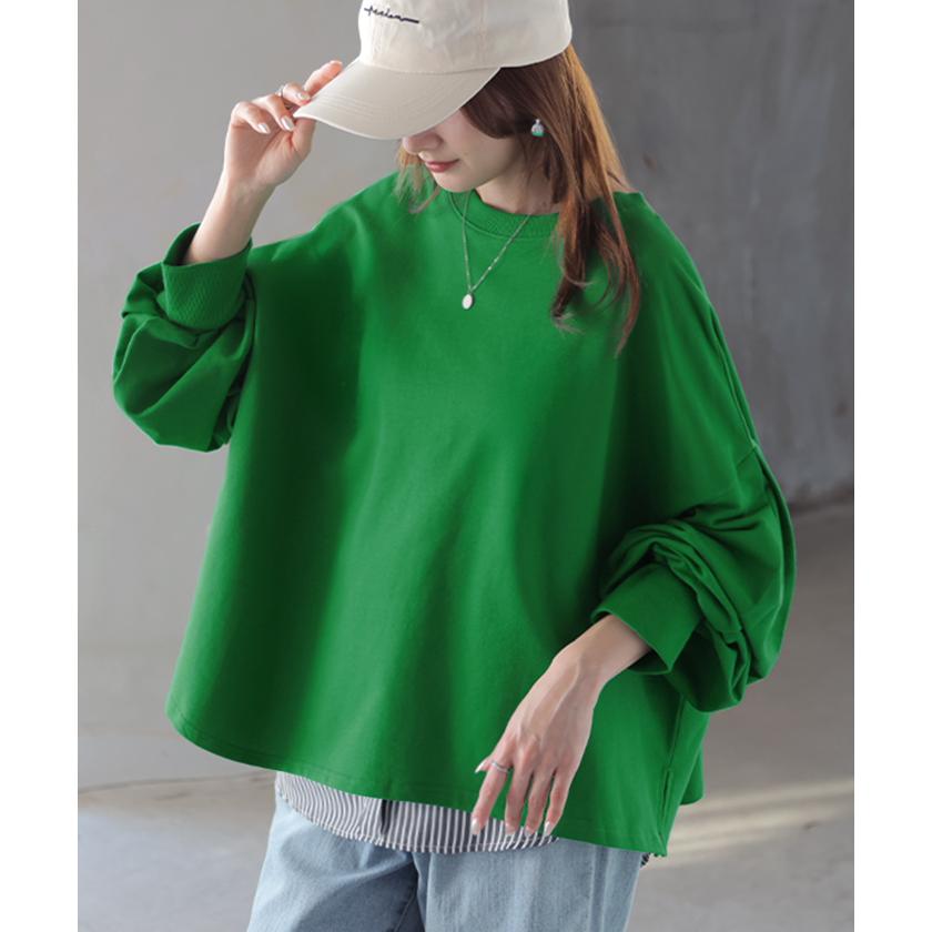 プルオーバー Tシャツ以上スウェット未満 ロンT スウェット レディース トップス 綿100% Tシャツ 長袖 トレーナー リブ ボリューム袖 カットソー 体型カバー | HUG.U | 11