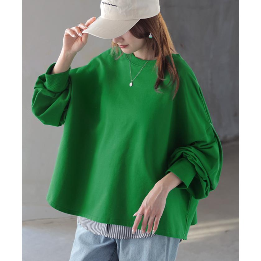 プルオーバー Tシャツ以上スウェット未満 ロンT スウェット レディース トップス 綿100% Tシャツ 長袖 トレーナー リブ ボリューム袖 カットソー 体型カバー | HUG.U | 14