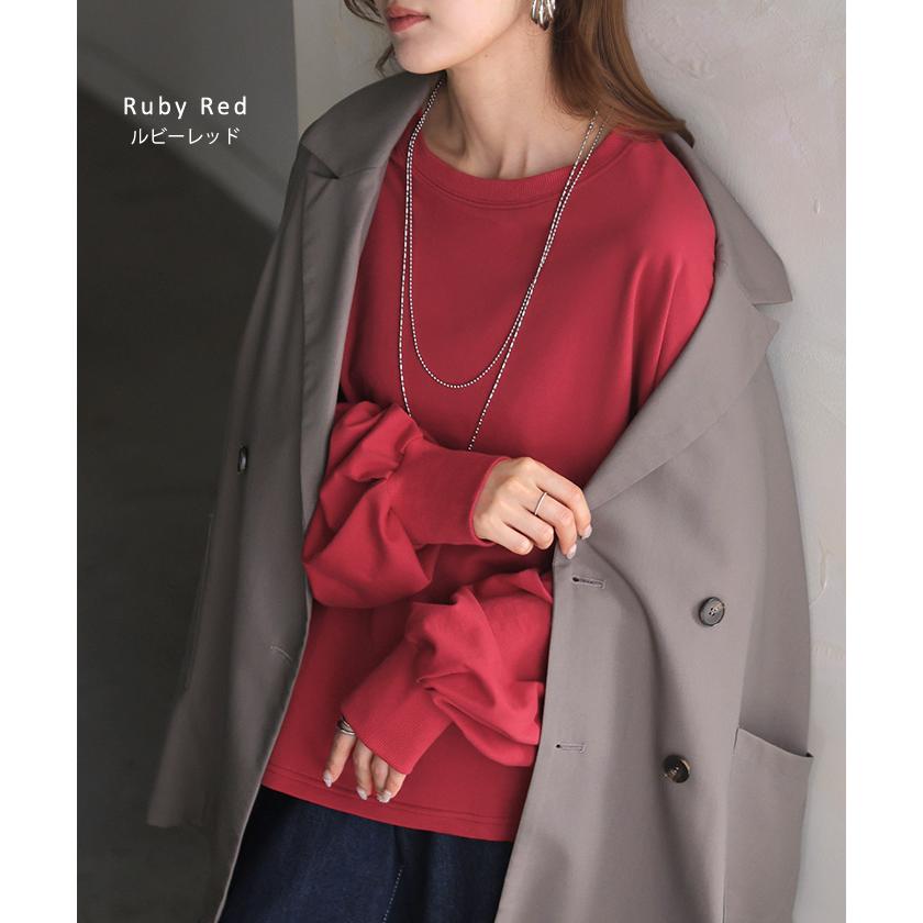 プルオーバー Tシャツ以上スウェット未満 ロンT スウェット レディース トップス 綿100% Tシャツ 長袖 トレーナー リブ ボリューム袖 カットソー 体型カバー | HUG.U | 18