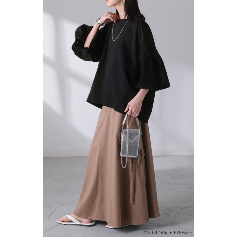 Tシャツ 接触冷感 レース ドッキング レディース トップス ロング カットソー 異素材 ティーシャツ ラウンドネック 半袖 バルーン 長い | HUG.U | 16