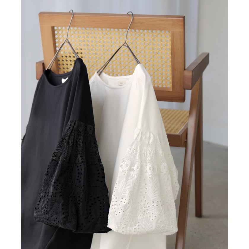 Tシャツ 接触冷感 レース ドッキング レディース トップス ロング カットソー 異素材 ティーシャツ ラウンドネック 半袖 バルーン 長い | HUG.U | 18