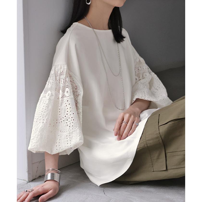 Tシャツ 接触冷感 レース ドッキング レディース トップス ロング カットソー 異素材 ティーシャツ ラウンドネック 半袖 バルーン 長い | HUG.U | 06