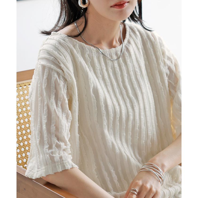 Tシャツ カットソー 半袖 立体 フリル レディース トップス ティーシャツ チュニック フリルTシャツ クルーネック プルオーバー ライン | HUG.U | 22