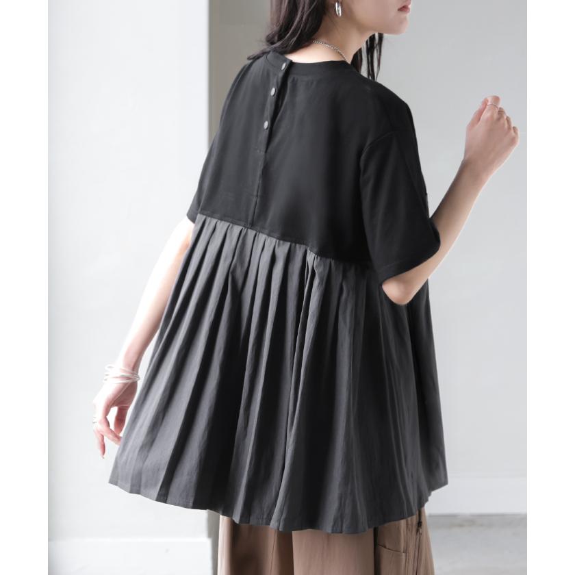 Tシャツ バックプリーツ 異素材 MIX レディース トップス カットソー ドッキング Uネック プリーツ 半袖 タック ふんわり 軽い 切り替え デザイン 通気性 ボタン | HUG.U | 15
