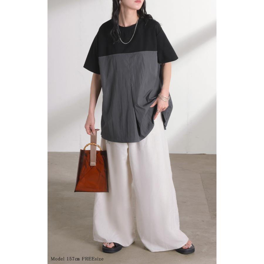 Tシャツ バックプリーツ 異素材 MIX レディース トップス カットソー ドッキング Uネック プリーツ 半袖 タック ふんわり 軽い 切り替え デザイン 通気性 ボタン | HUG.U | 05