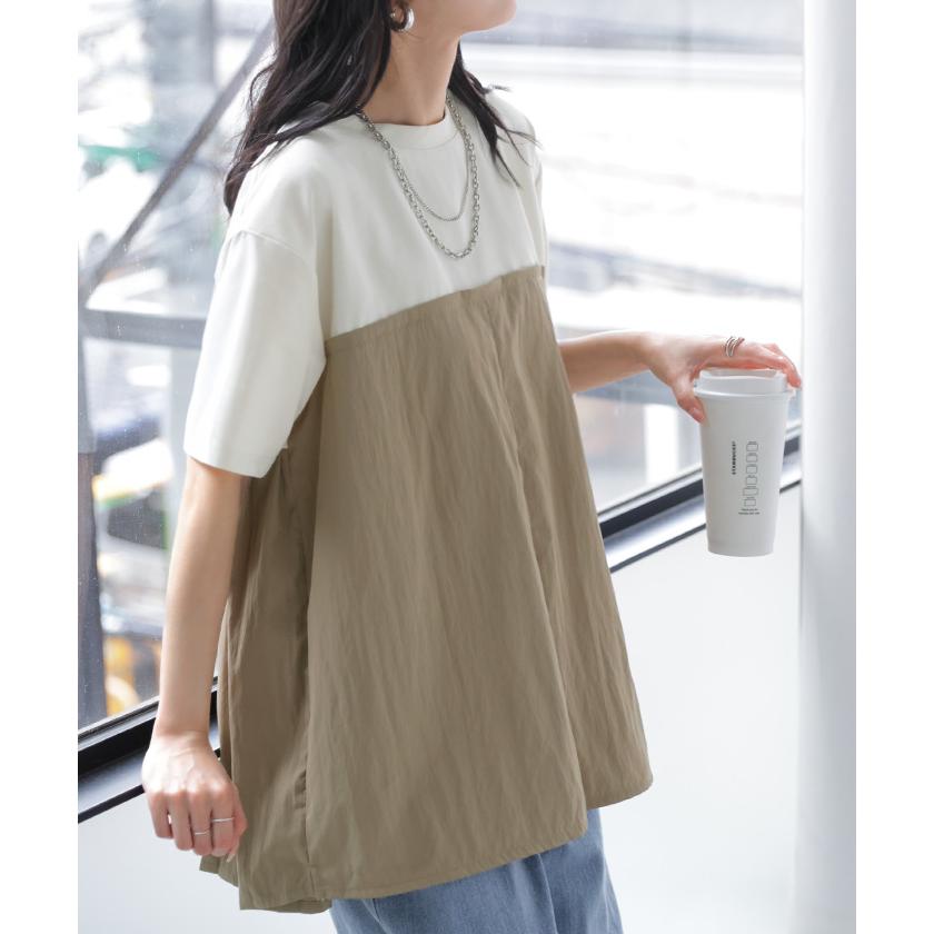 Tシャツ バックプリーツ 異素材 MIX レディース トップス カットソー ドッキング Uネック プリーツ 半袖 タック ふんわり 軽い 切り替え デザイン 通気性 ボタン | HUG.U | 09