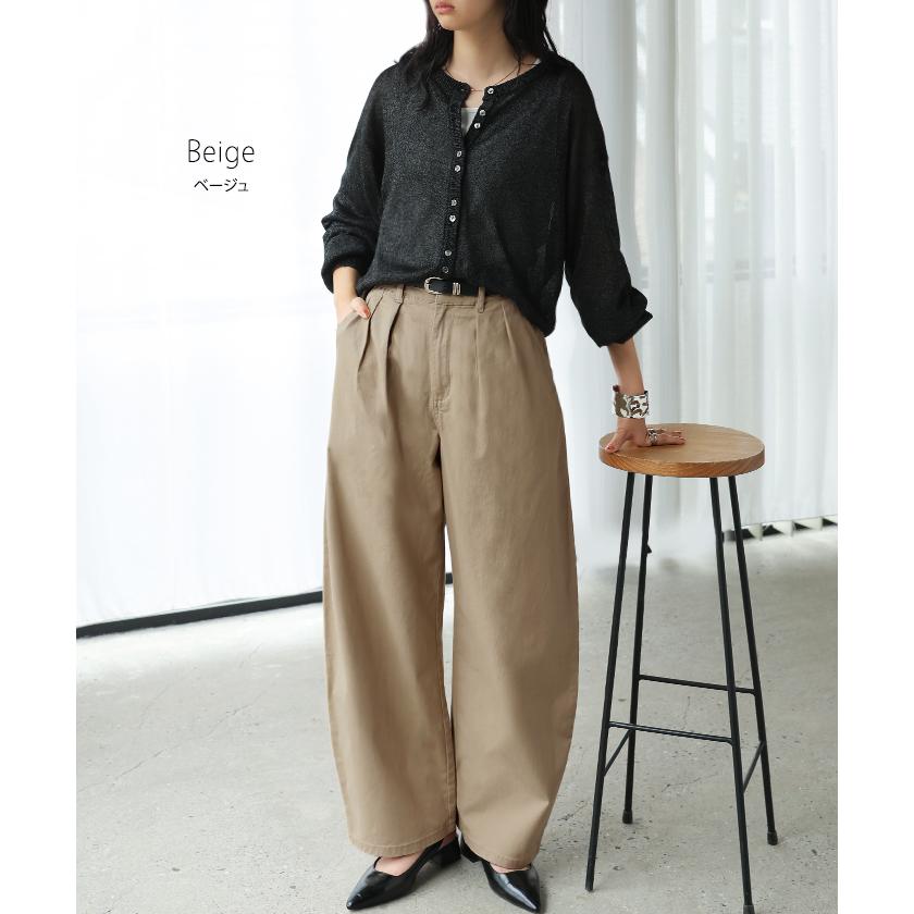 パンツ バレルレッグ レディース ストレッチ ボトムス カーブパンツ 綿 混 テーパード バレルパンツ タックパンツ インタック 体型カバー 脚長 ハイウエスト | HUG.U | 15