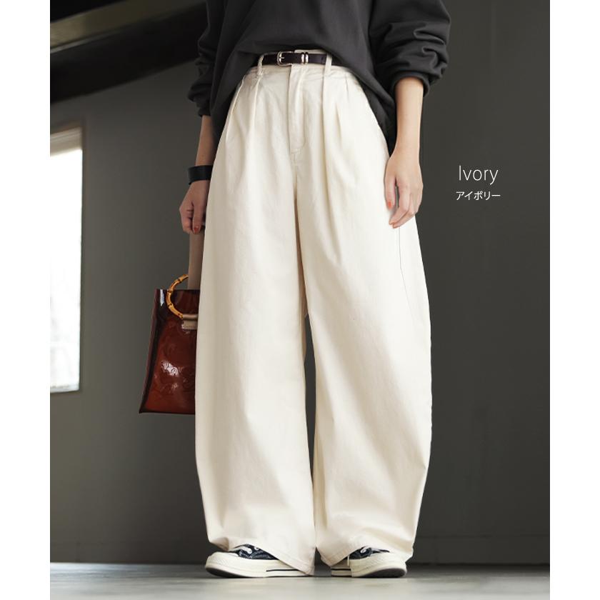 パンツ バレルレッグ レディース ストレッチ ボトムス カーブパンツ 綿 混 テーパード バレルパンツ タックパンツ インタック 体型カバー 脚長 ハイウエスト | HUG.U | 15