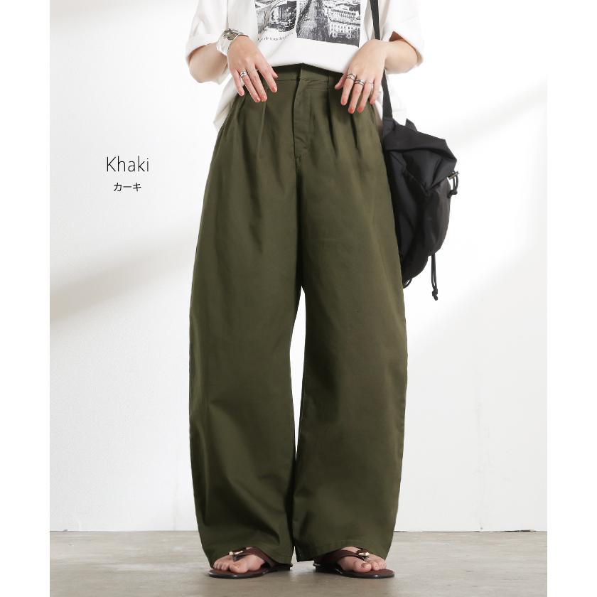 パンツ バレルレッグ レディース ストレッチ ボトムス カーブパンツ 綿 混 テーパード バレルパンツ タックパンツ インタック 体型カバー 脚長 ハイウエスト | HUG.U | 17