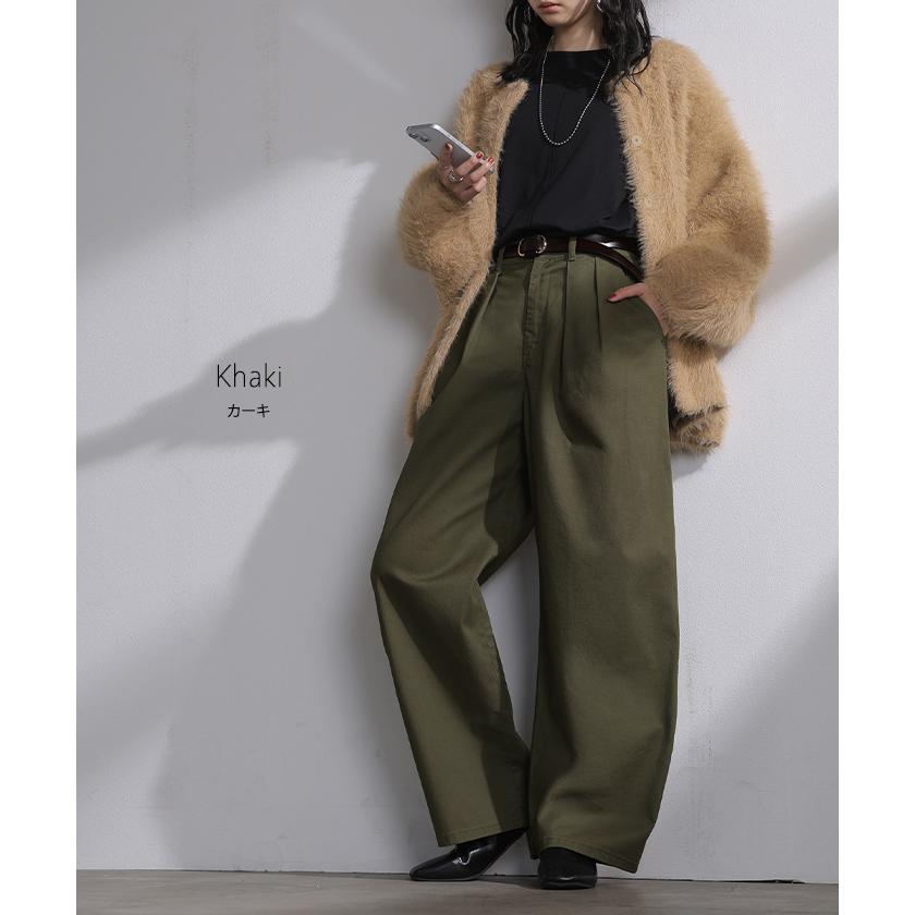 パンツ バレルレッグ レディース ストレッチ ボトムス カーブパンツ 綿 混 テーパード バレルパンツ タックパンツ インタック 体型カバー 脚長 ハイウエスト | HUG.U | 17
