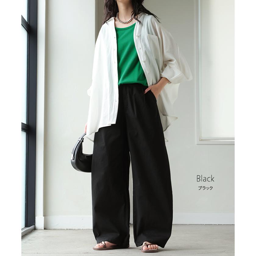 パンツ バレルレッグ レディース ストレッチ ボトムス カーブパンツ 綿 混 テーパード バレルパンツ タックパンツ インタック 体型カバー 脚長 ハイウエスト | HUG.U | 19